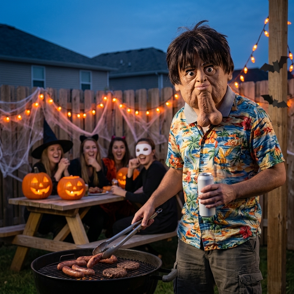 A man in the Awkward Uncle mask and a Hawaiian shirt grilling sausages at a Halloween backyard party with jack-o'-lanterns, string lights and costumed friends laughing behind him
