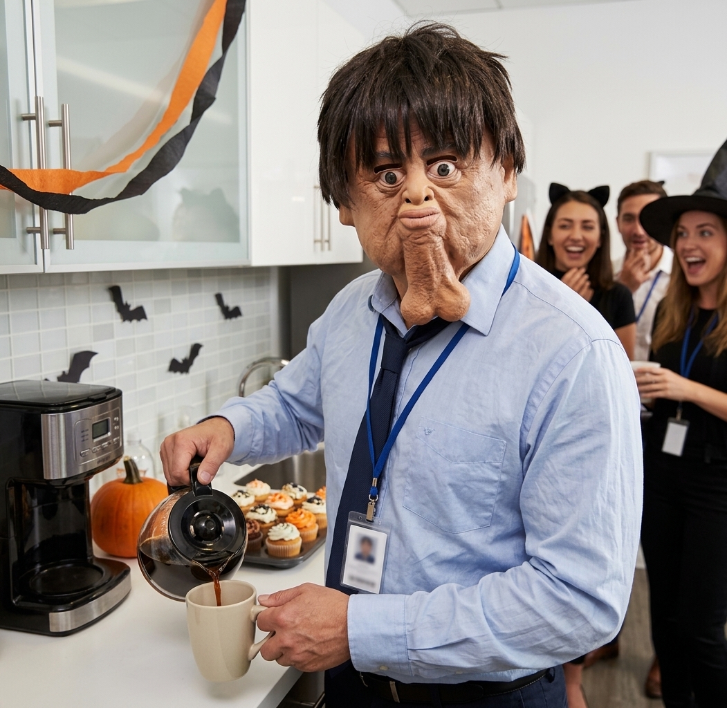 A man in the Awkward Uncle mask, shirt, tie and ID badge pouring coffee in an office kitchen decorated for Halloween while coworkers in cat ears and a witch hat laugh behind him